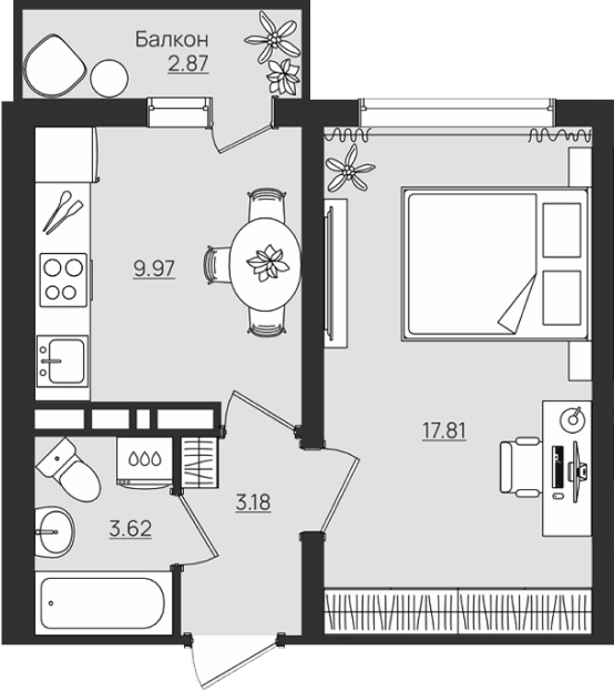 Планировка 1-комнатной квартиры 35.44 м²