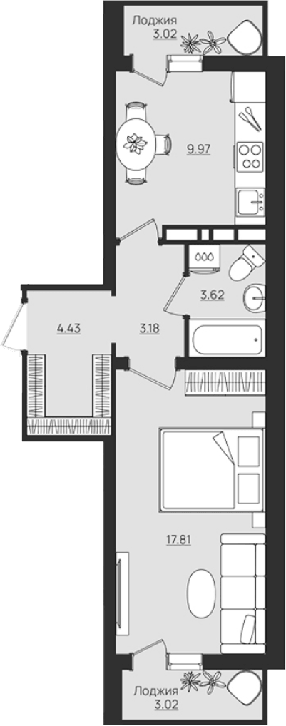 Планировка 1-комнатной квартиры 42.03 м²