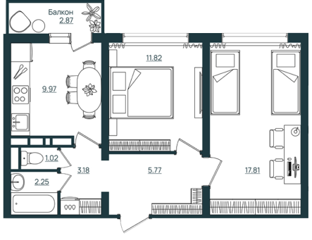 Планировка 2-комнатной квартиры 52.92 м²